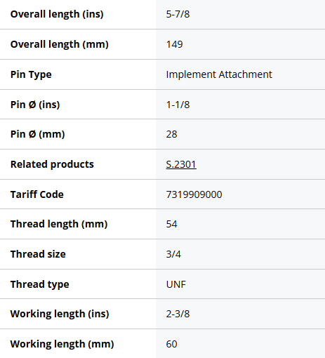Lower link implement pin 28x149mm, Thread size 3/4x54mm Cat. 2 - Image 3