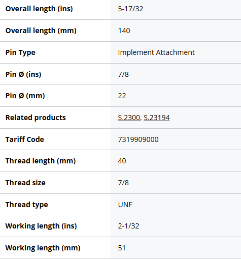 Lower link implement pin 22x140mm, Thread size 7/8x40mm Cat. 1 (Ø22mm) Make: 65 S.200 - Image 3