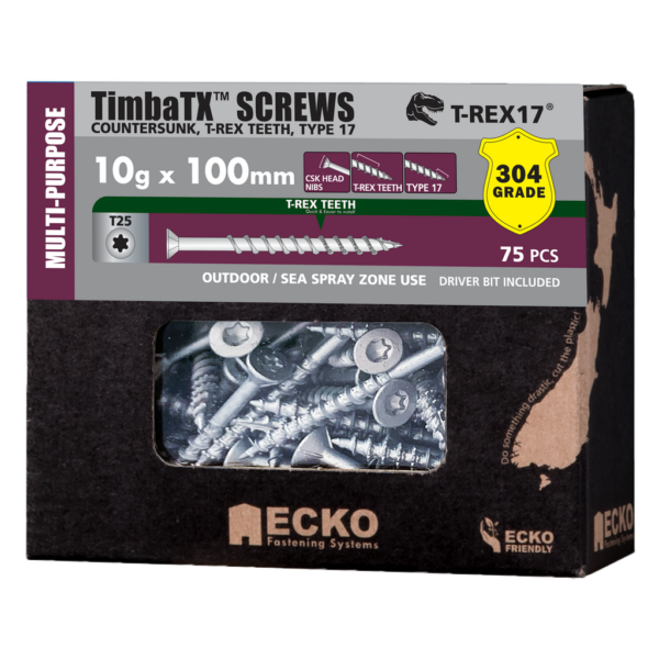 EckoTimbaTX™ Multi-Purpose Screws 10g x 100mm, Box of 75, 304 Stainless Steel
