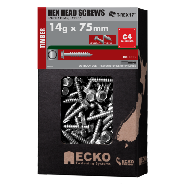 Ecko Hex Head Screws 14g x 75mm Class 4 Pack of 100 Galvanised