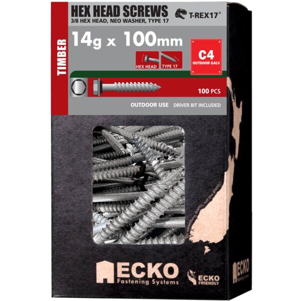 Ecko Hex Head NEO Washer Screws 14g x 100mm Pack of 100 Galvanised Class 4 (Copy)