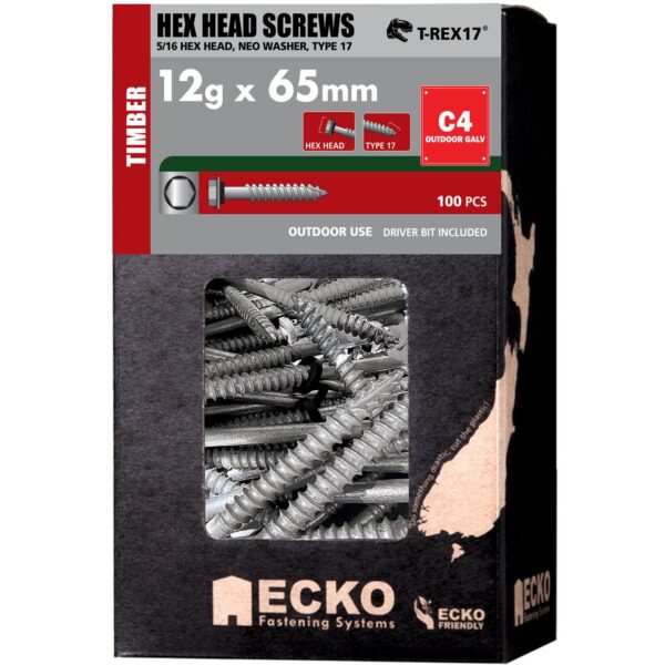 Ecko Hex Head NEO Washer Screws 12g x 65mm Pack of 100 Galvanised Class 4