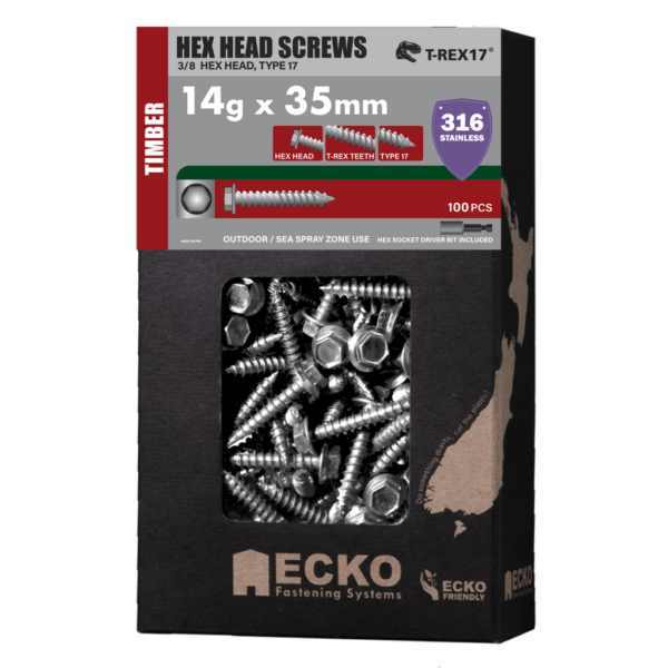 Ecko 14g x 35mm Hex Head Timber Screw – 316 S/Steel pack of 100