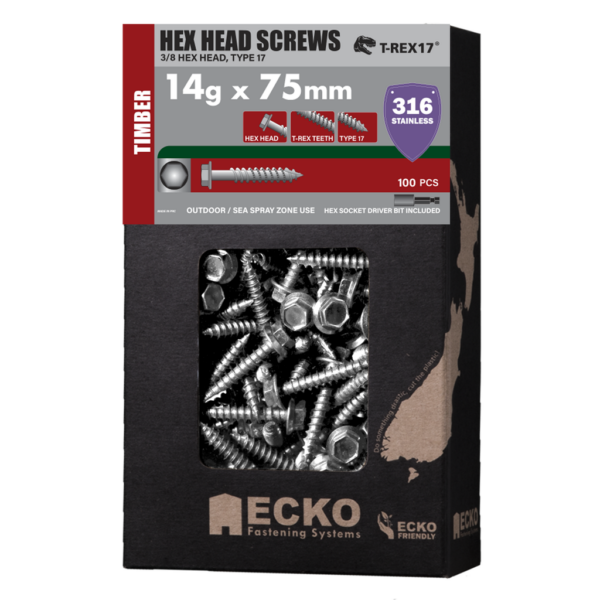 Ecko 14g x 75mm Hex Head Timber Screw – 316 S/Steel pack of 100