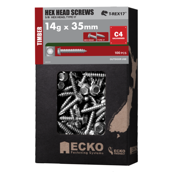 Ecko Hex Head Screws 14g x 35mm Class 4 Pack of 100 Galvanised