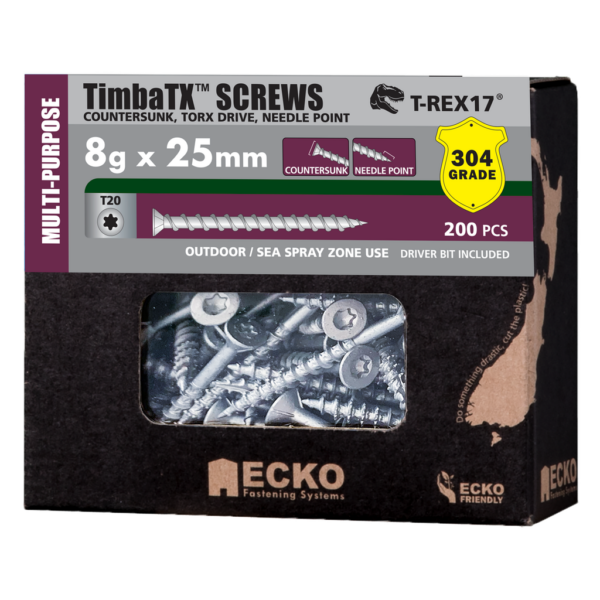 EckoTimbaTX™ Multi-Purpose Screws 8g x 25mm, Box of 200, 304 Stainless Steel